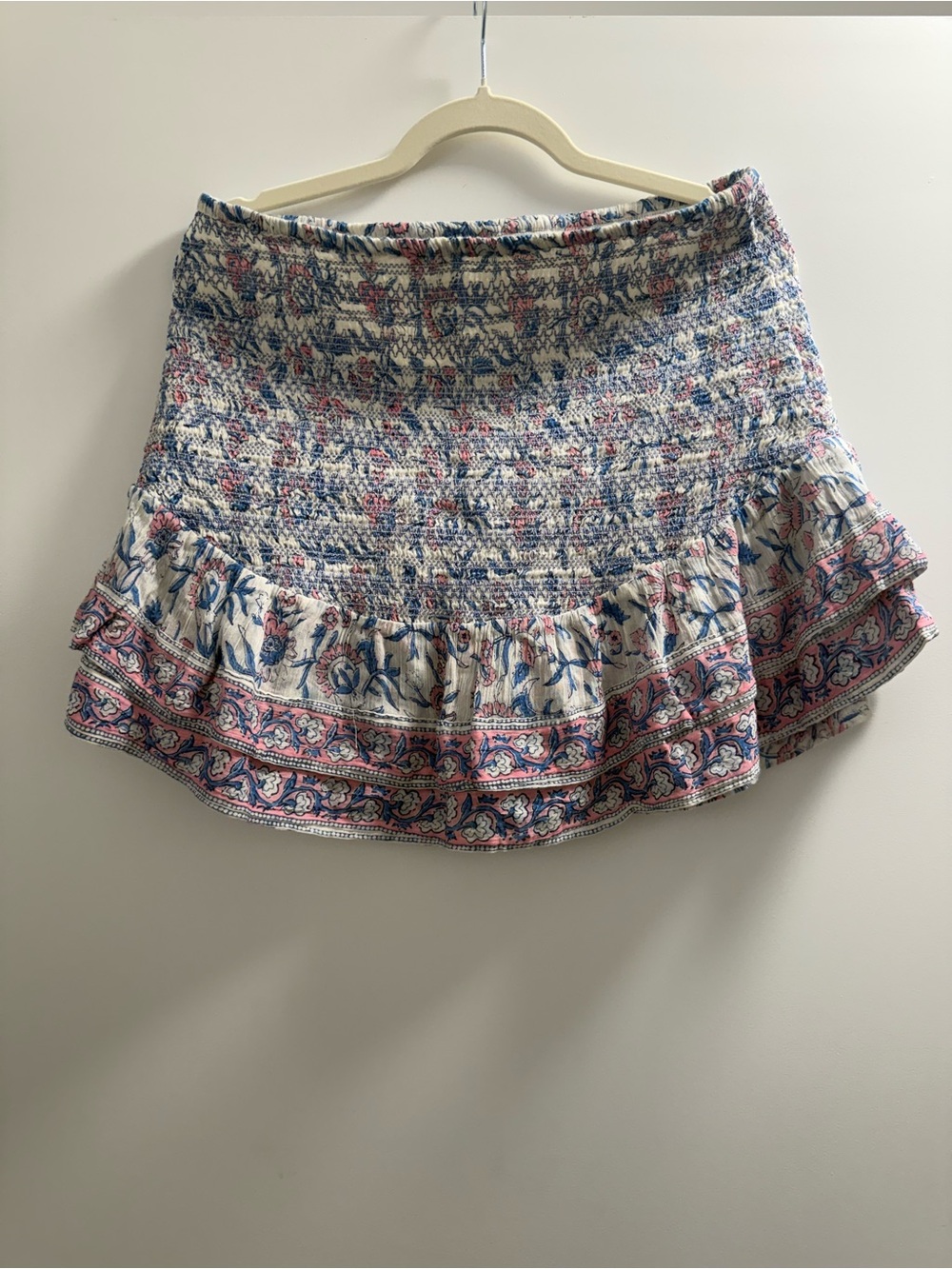SAYLOR Katrina Floral Mini Skirt: Smocked Blue, White & Pink Ruffle Summer Skirt
